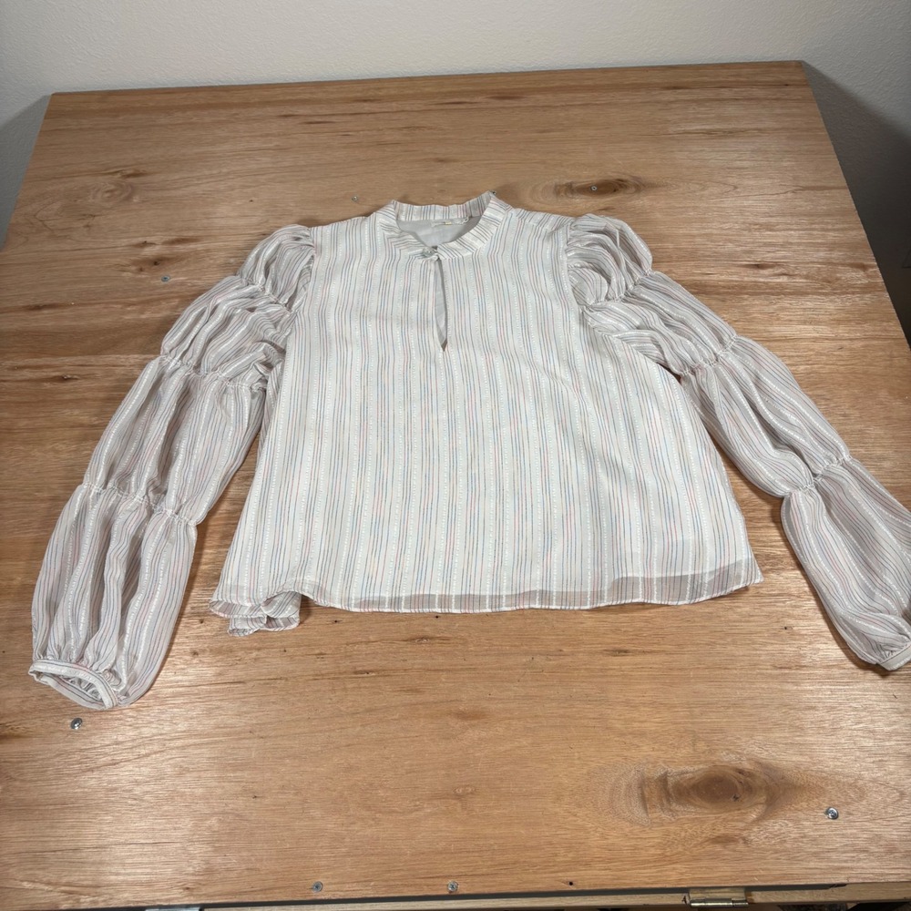 Tularosa Striped Mock Neck Blouse Tiered Puff Sleeve Metallic XL